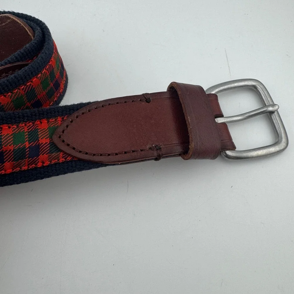 J.Crew Mens 32 Navy Blue Red Tartan Plaid Leather Canvas Belt K4680